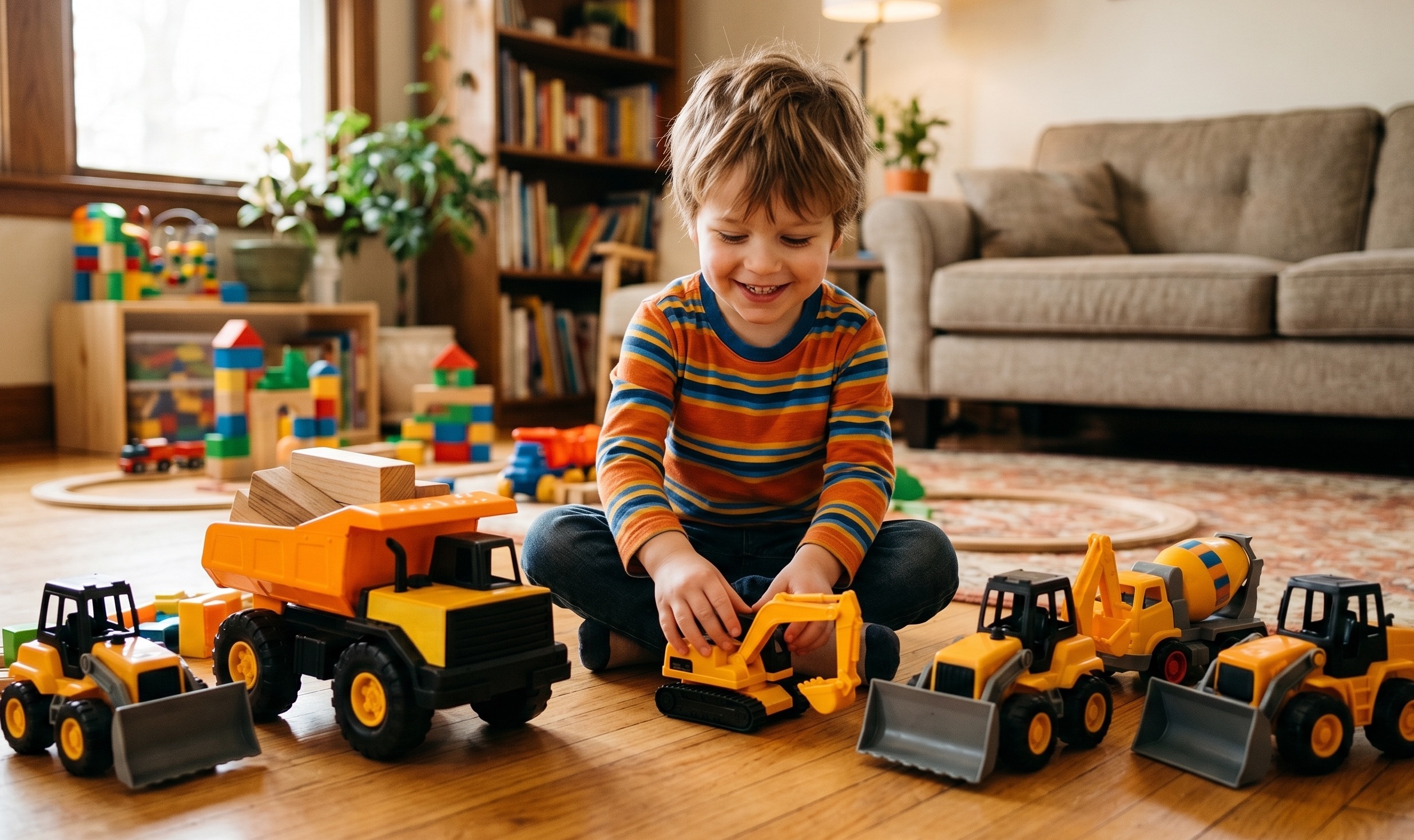 Boy with construction trucks