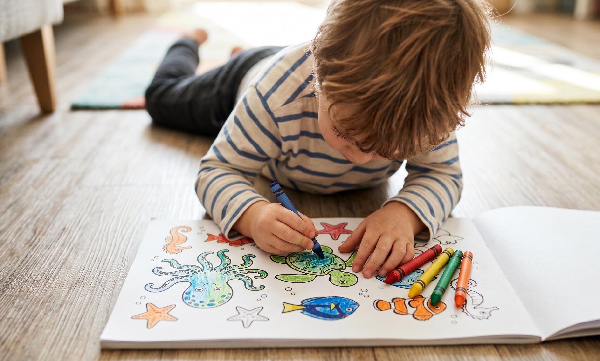 Child coloring ocean animals