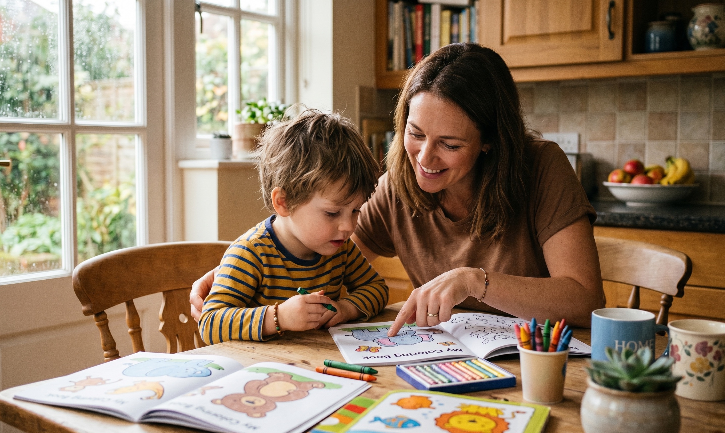 Parent and child choosing a coloring book
