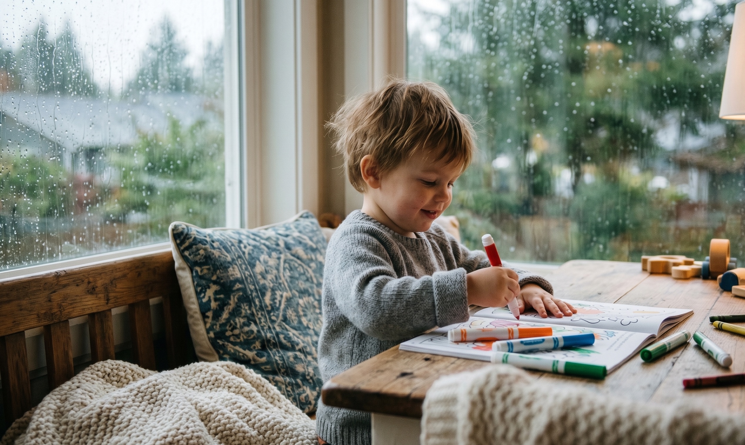 Child coloring at a table by a rainy window